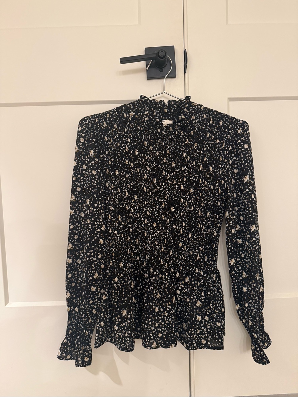 Black Floral Smocked Long-Sleeve Peplum Blouse
